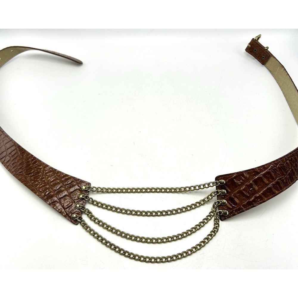 Vintage Belt Womens Medium Gold Chain Detail Faux Leather Croc Embossed 90s Y2K